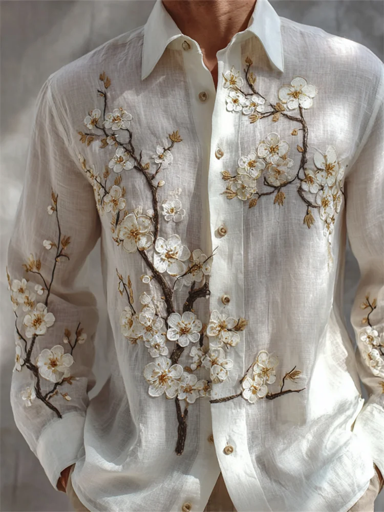Men's Almond Blossom Fiber Art Embroidered Linen Shirt