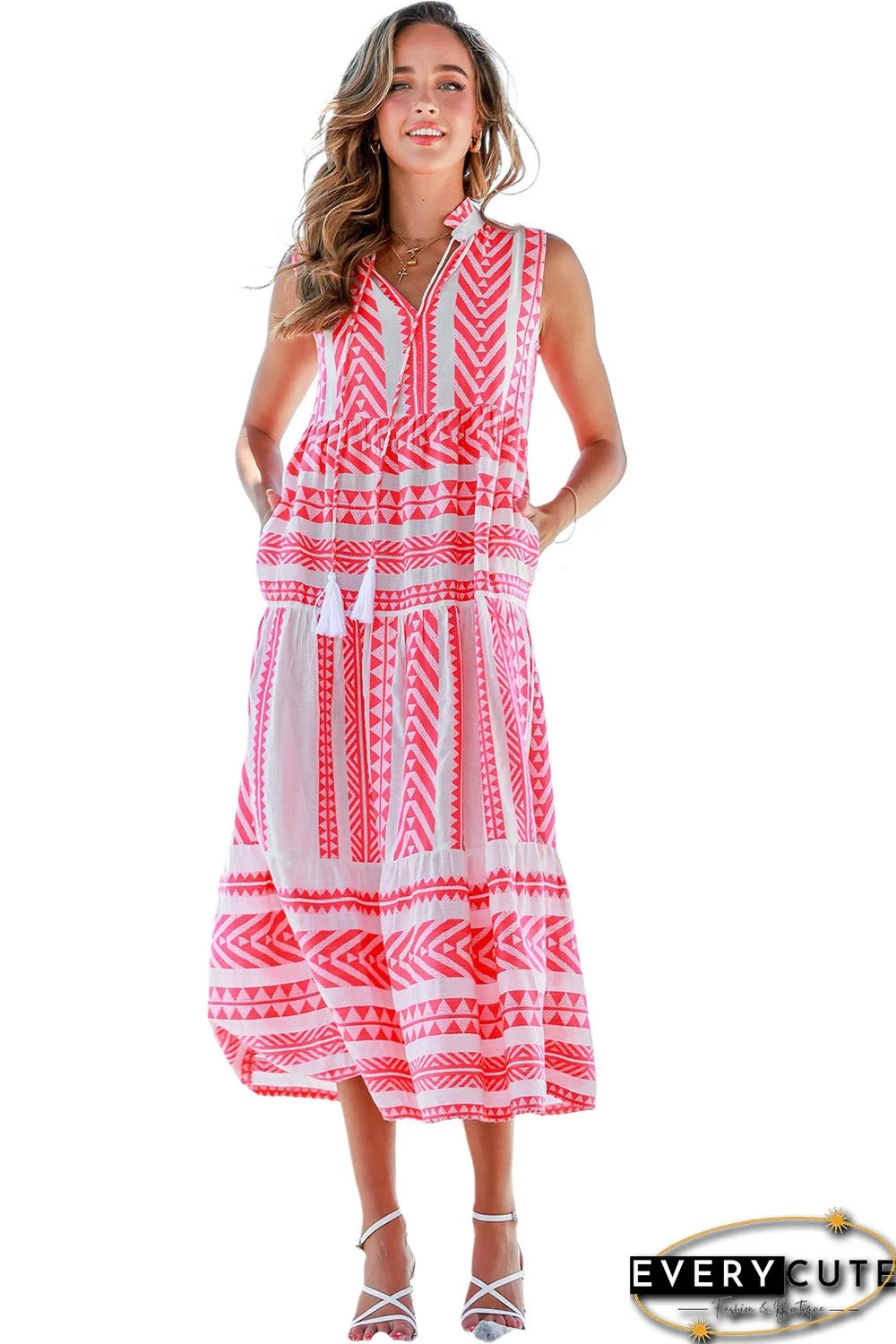 Red Geometric Print Tassel Tie Notch Neck Sleeveless Dress