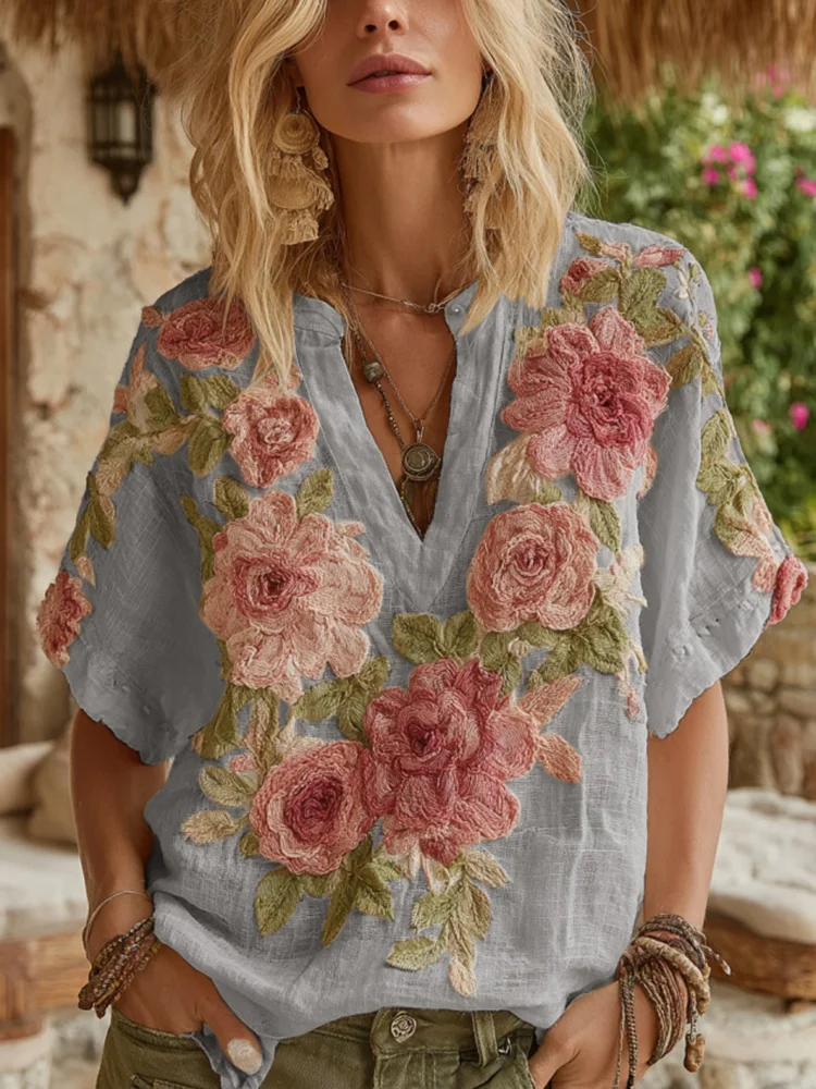Women's Vintage Floral Art V Neck Linen Short Sleeve T-shirt