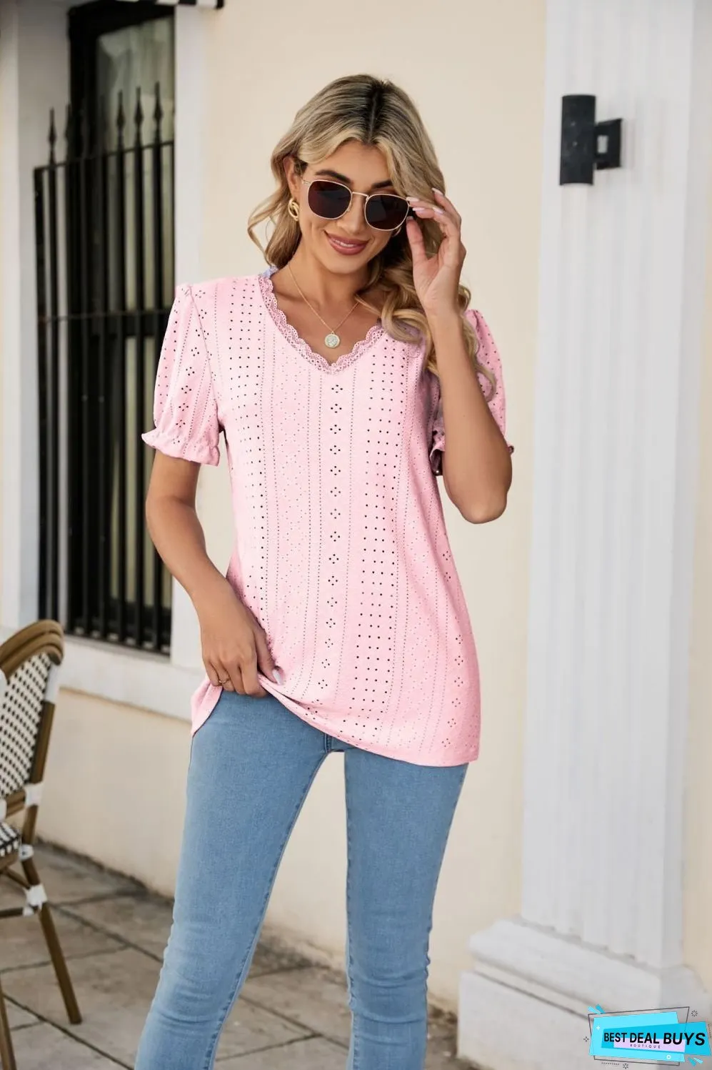 Eyelet Flounce Sleeve Scalloped V-Neck Top