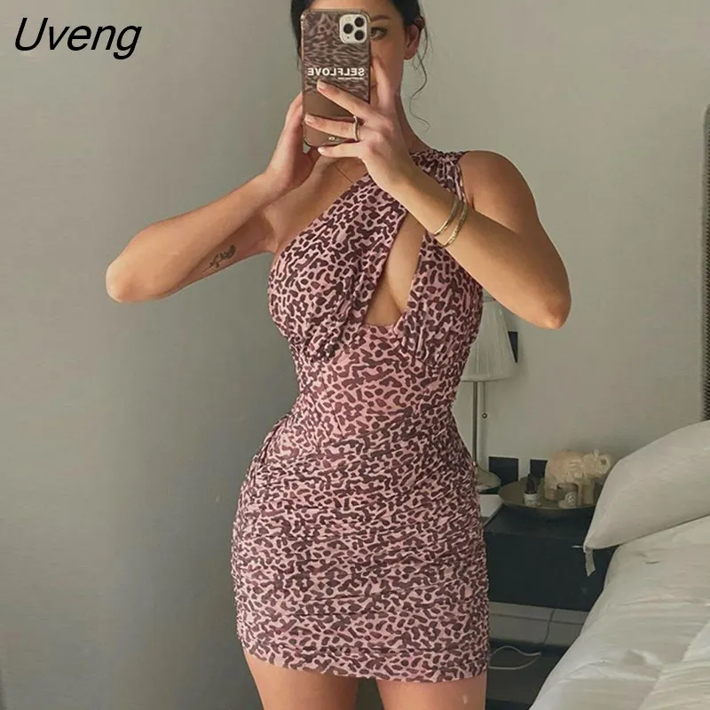 Uveng Leopard Print One Shoulder Dress Women Summer Sleeveless Mini Dresses Ladies Sexy Mesh High Waist Hollow Out Vestidos