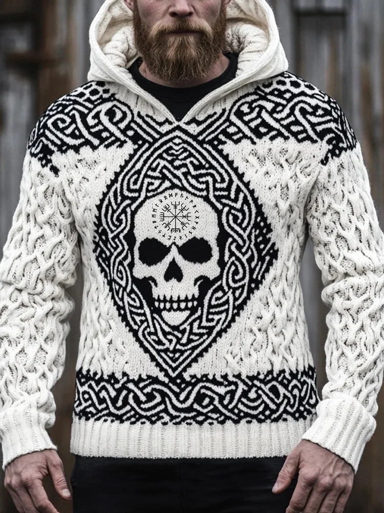 Men's Viking Skull Inspired Jacquard Comfy Hooded Sweater