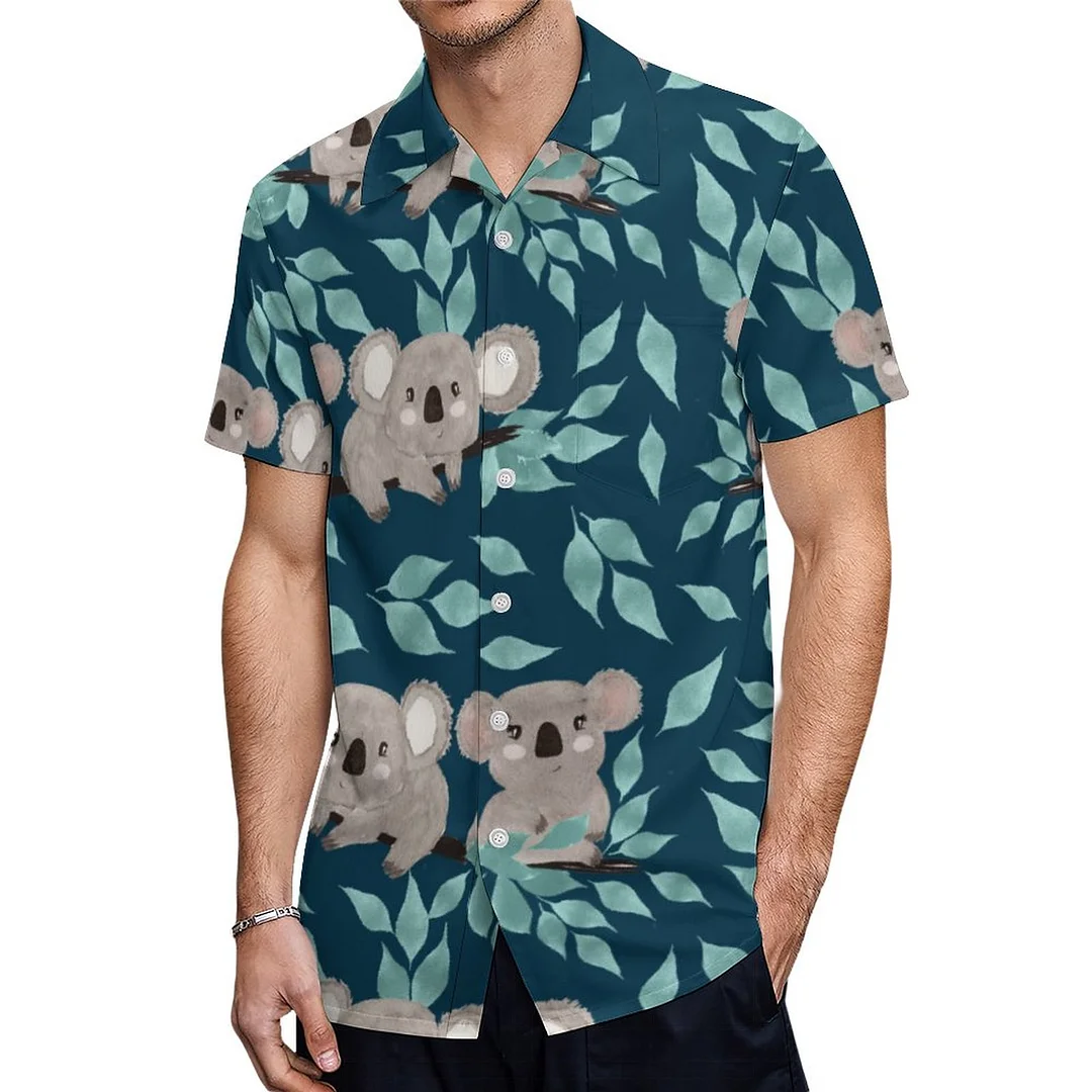 Short Sleeve Koalas Couple Green Leaves Blue Hawaiian Shirt Mens Button Down Plus Size Tropical Hawaii Beach Shirts