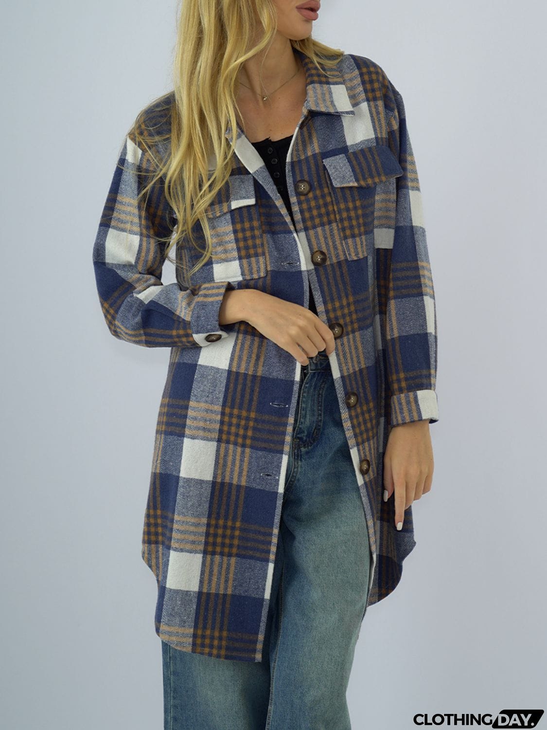 Plaid Collared Neck Long Sleeve Coat