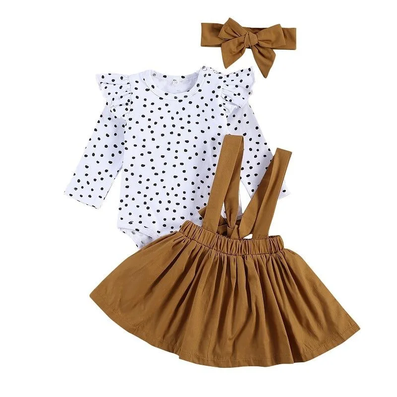 Infant Newborn Baby Girls Long Sleeve Bodysuits Overall Skirts Headband 3Pcs Set Outfits Spring Autumn