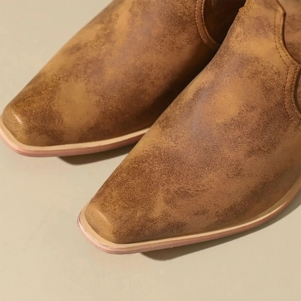 Women's Distressed Mid Block Heel Snip Toe Tan Cowgirl Boots