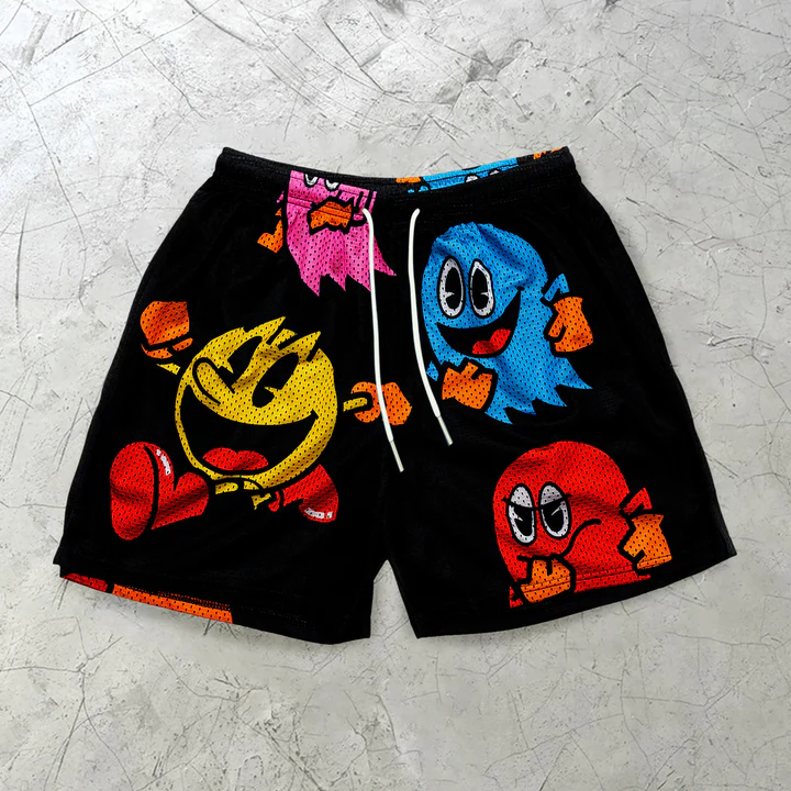 Cute Cartoon Print Drawstring Mesh Shorts