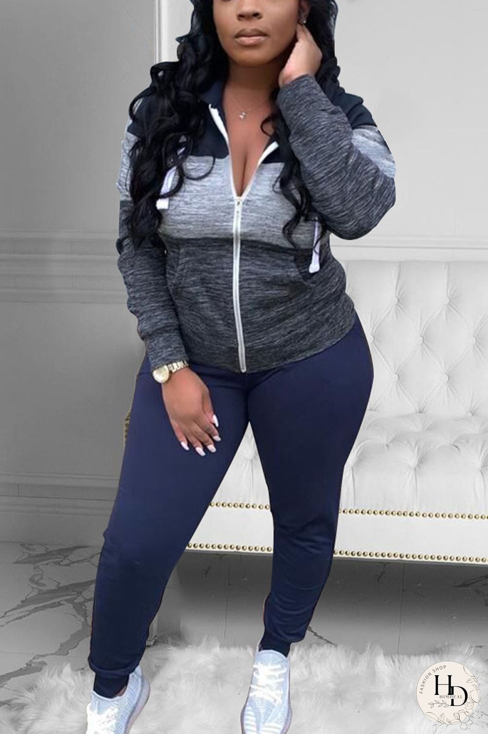 Pink Street Print Patchwork Hooded Collar Long Sleeve Two Pieces