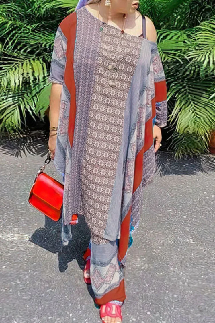 Casual Print Patchwork O Neck Plus Size Two Pieces