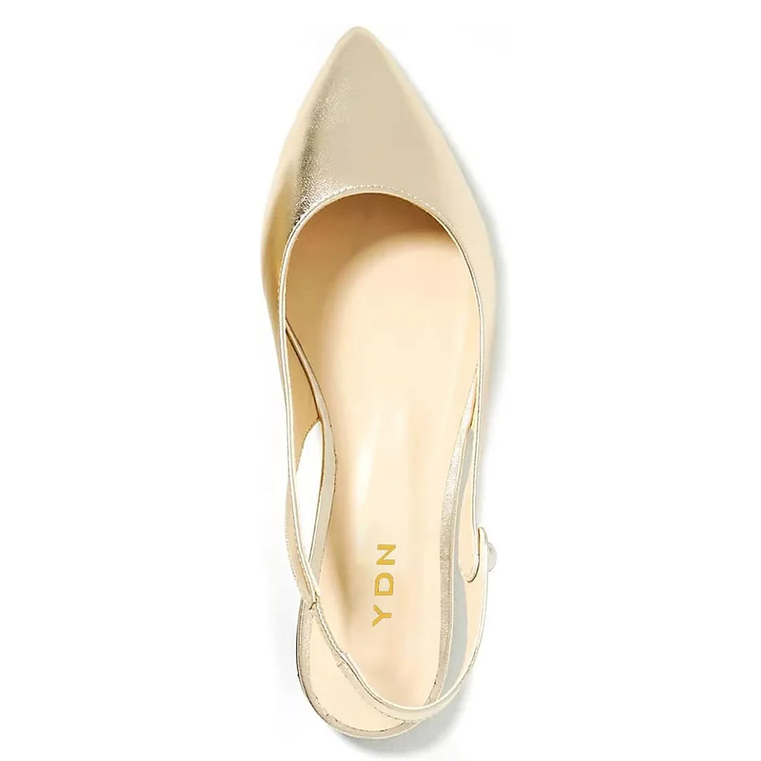 Vegan Leather Pointed Toe Buckle Fastening Slingback Flat Gold Pumps