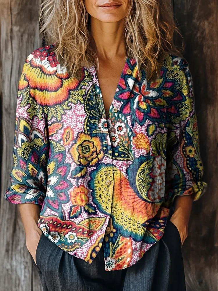 Women's Vintage Folk Floral Art Print Casual Long Sleeve Comfortable Cotton Shirt