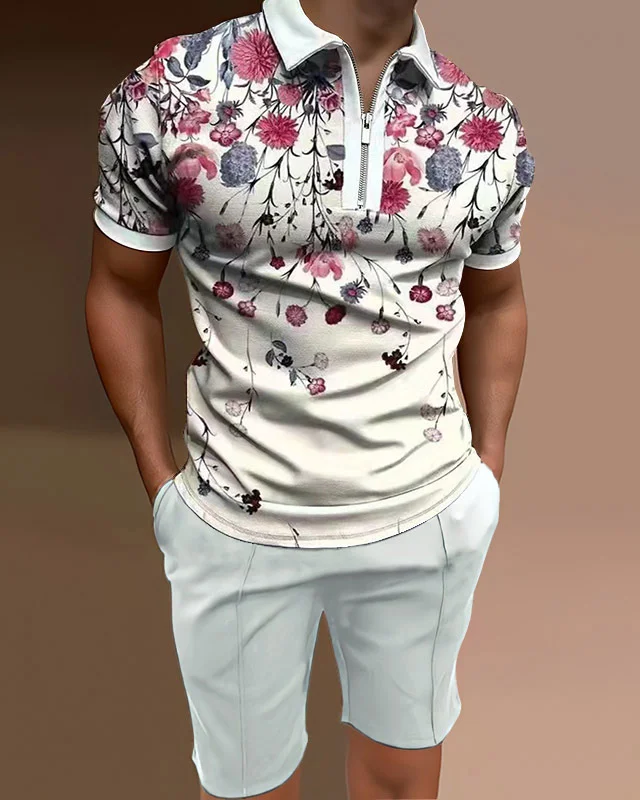 Men's Polo Shirt Floral Casual Patchwork Two Piece Set