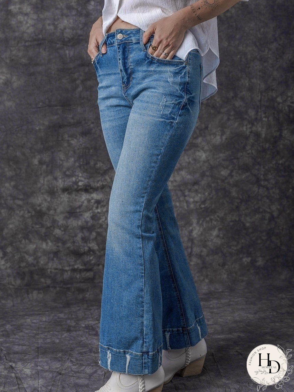 Vintage Embroidered Patchwork Bootcut Button Side Split Denim Jeans