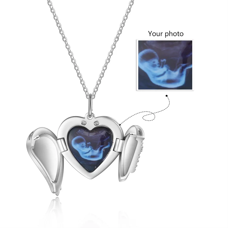 Custom Angel Wing Heart Picture Locket Necklace, Memorial Keepsake Necklace, Personalized Necklace with Picture
