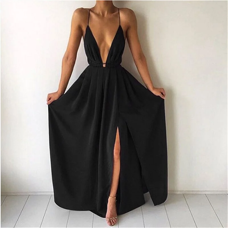High Split Maxi Sundress Women Backless Deep V Neck Party Clubwear Dress Spaghetti Strap Beach Dress Long Vestido