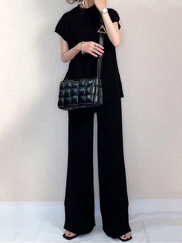 Urban Solid Color Cap-Sleeve T-Shirt+Split-Side Pants Two Pieces Set