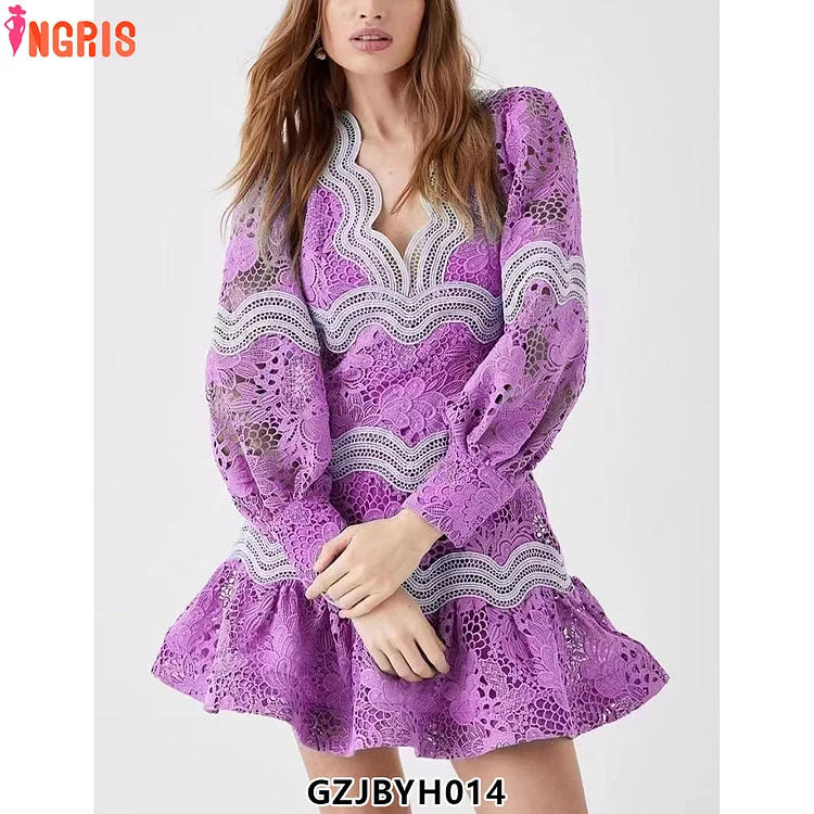 Spring new V-neck lantern sleeves splicing hollow design waist short dress-GZJB014