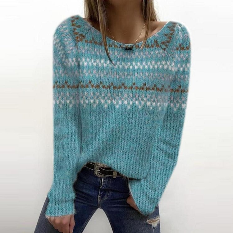 Casual Blue Print Long Sleeve Sweater