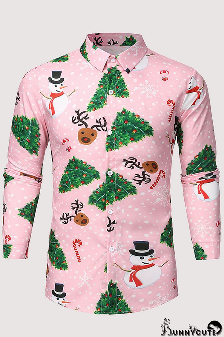 Pink Casual Street Santa Claus Christmas Tree Printed Buckle Turndown Collar Tops