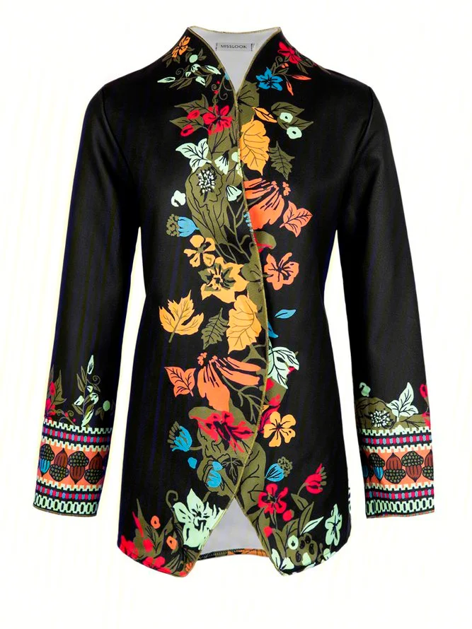 Casual Long Sleeve Stand Collar Embroidered Coats
