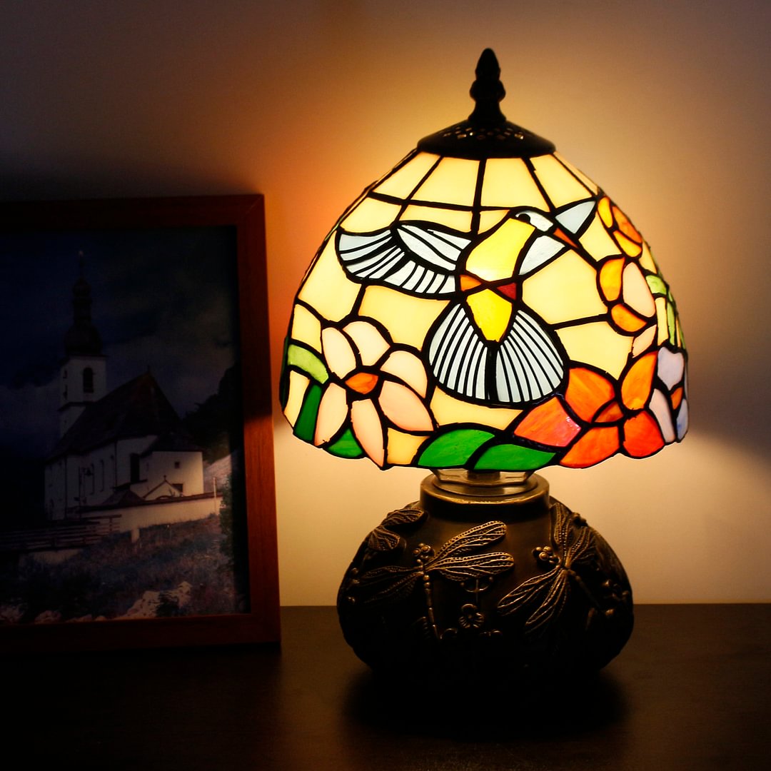 Small Tiffany Table Lamp With 8" Stained Glass Hummingbird Style Shade, 11" Tall Cute Unique Rustic Bronze Mushroom Type Bedside Lamp, Luxury Farmhouse Night Light For Living Room Bedroom Bloomsbury Market