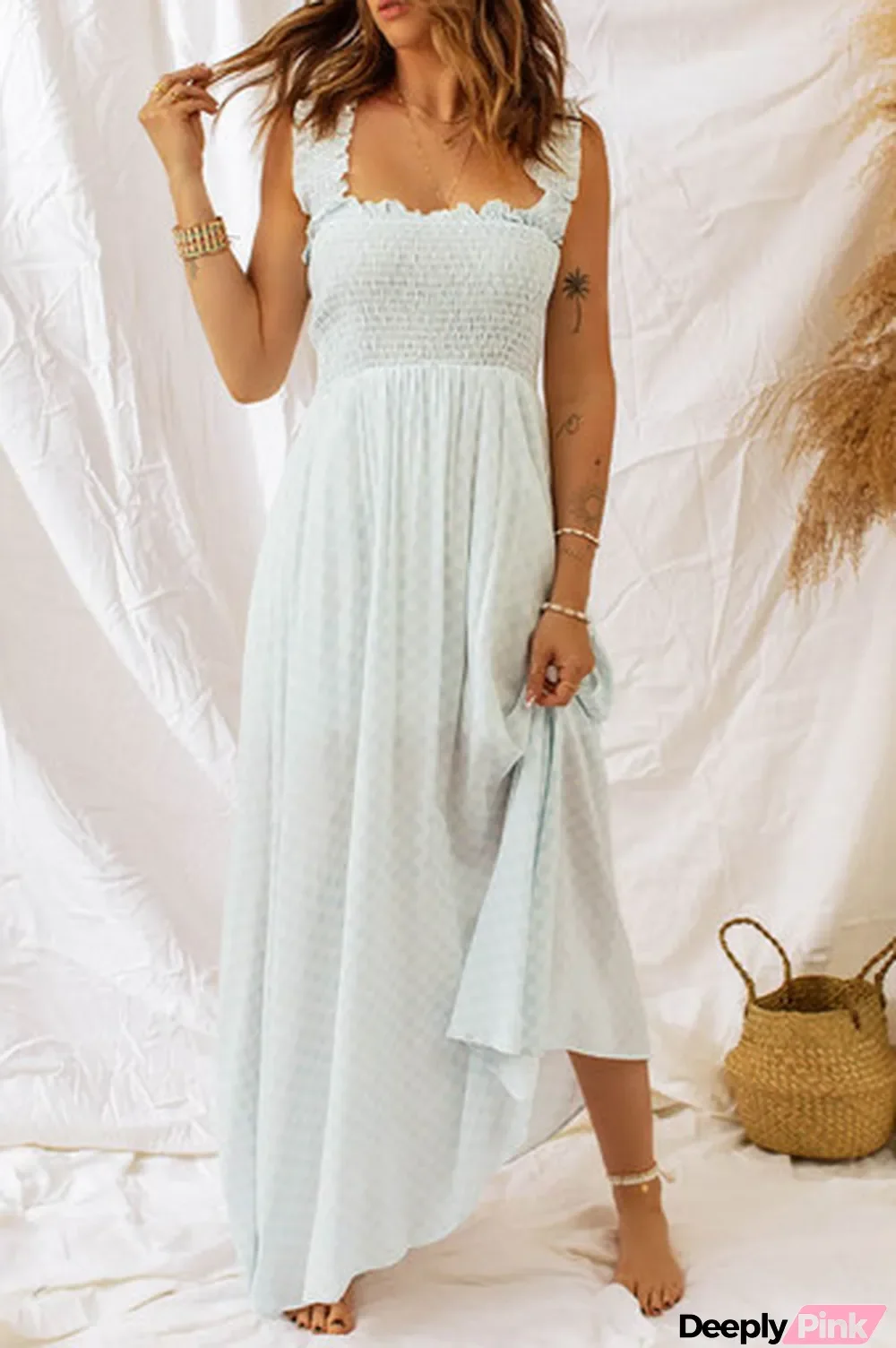 Beige Ruffled Straps Smocked Bodice Maxi Dress
