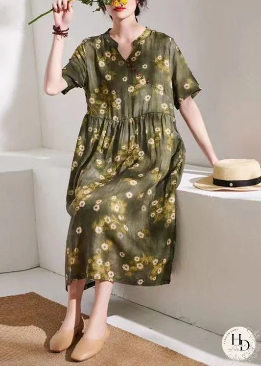 talian Green Print Wrinkled Patchwork Linen Dress Summer
