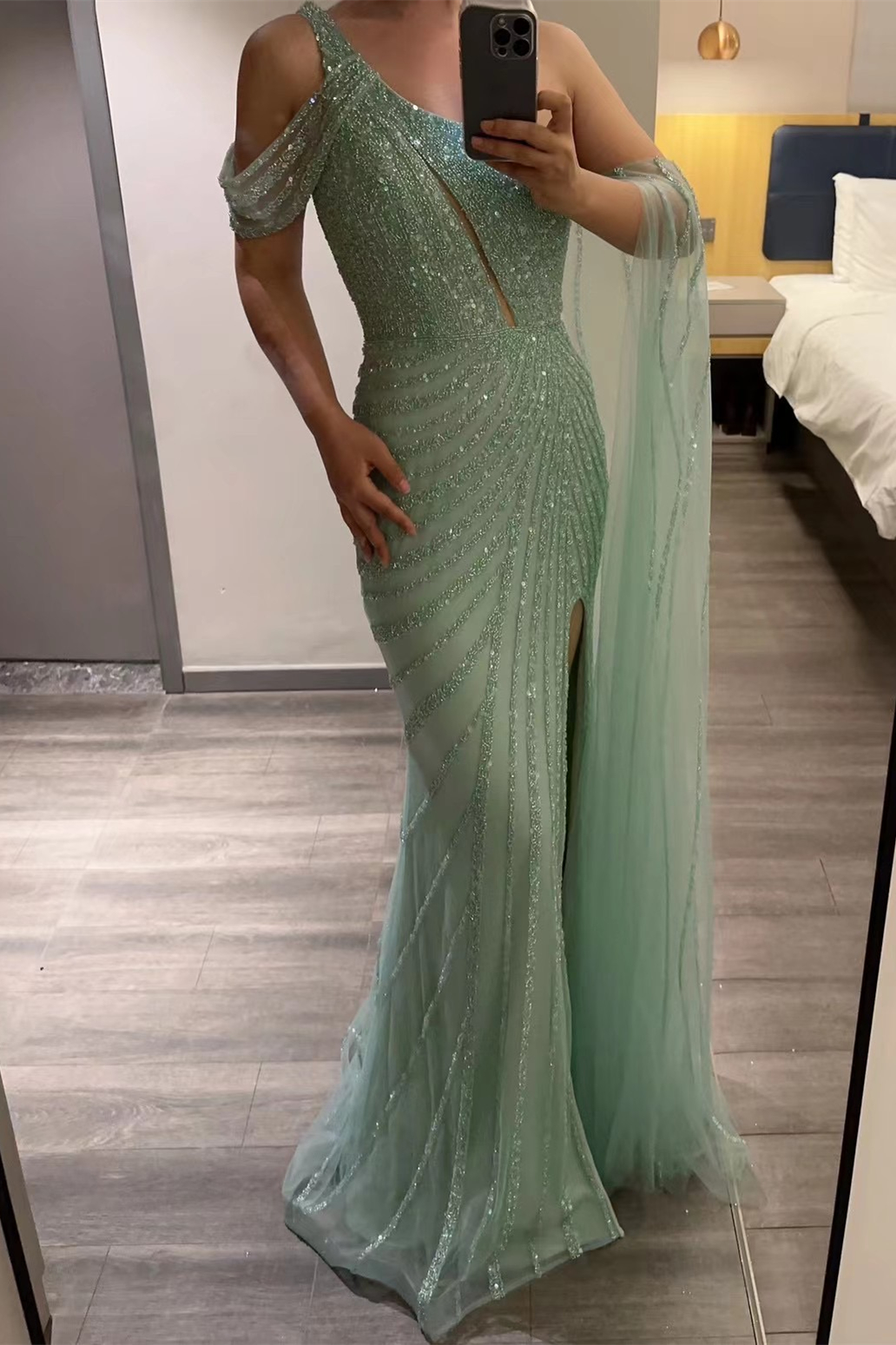 Bellasprom Mint Green One Shoulder Mermaid Evening Dress Long With Beadings Bellasprom