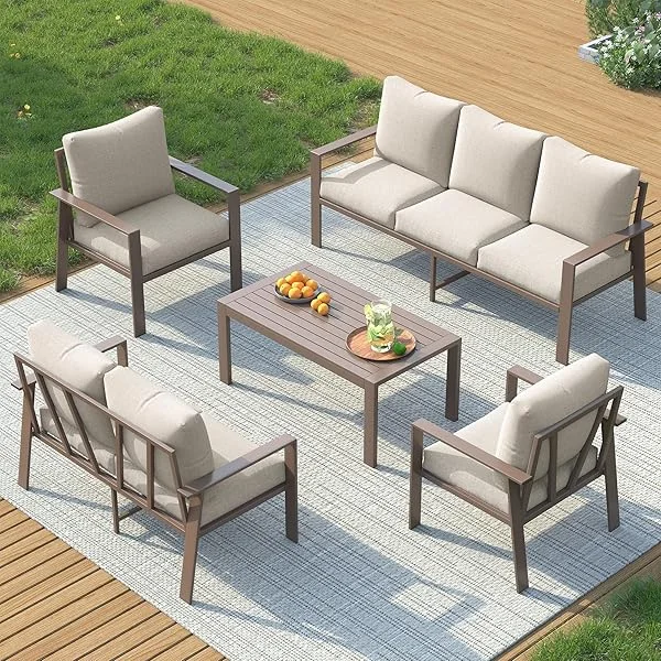 5 Pieces Aluminum Patio Furniture Set, 7-Seat Metal Outdoor Furniture Set with 4" Water-Resistant Cushion & Coffee Table, Patio Conversation Sets for Porch, Deck, Garden, Beige 5 PCS/7 Seats