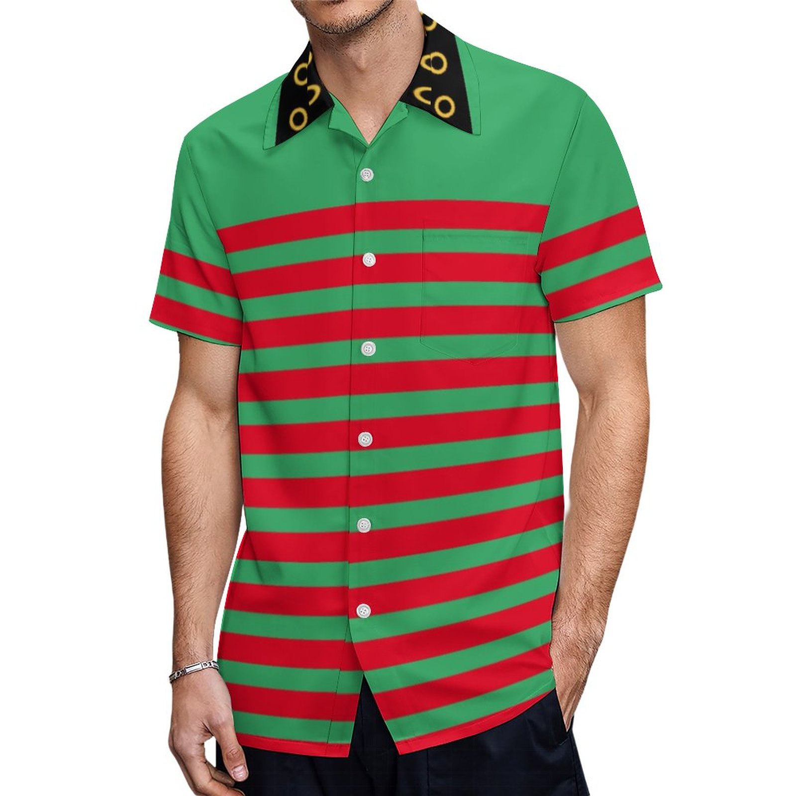 Cute Red And Green Stripes Christmas Elf Costume Hawaiian Shirt Mens Button Down Tropical Hawaii Beach Shirts