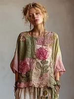 Vintage Pink Roses Cottagecore Patchwork Linen Tunic