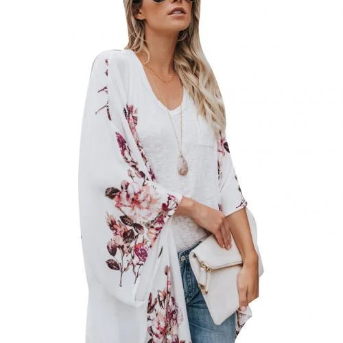 Women Summer Beach Flower Print Long Sleeve Open Front Chiffon Kimonos Cardigan Flower Print Open Front Loose