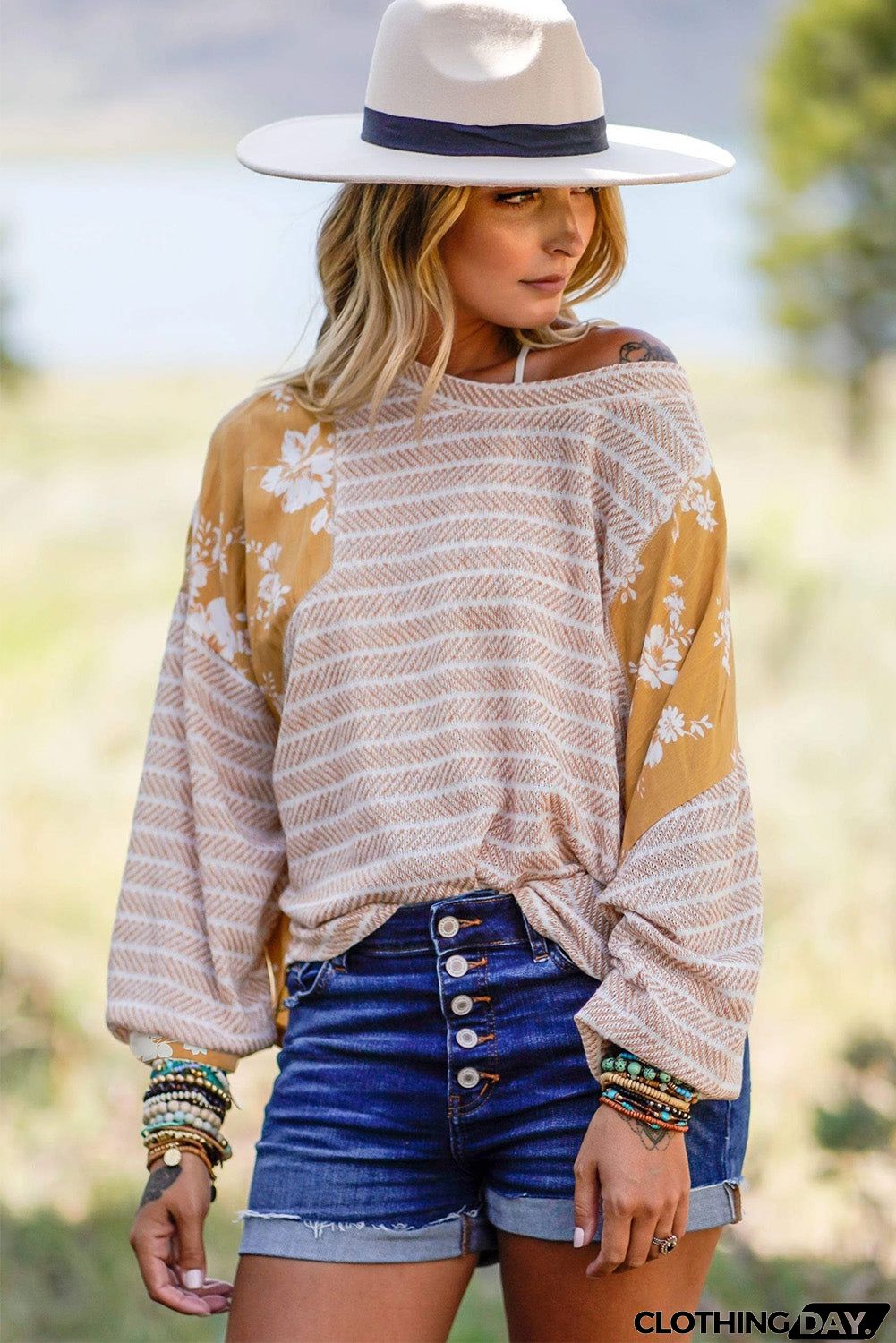 Striped Floral Splicing Lantern Sleeve Top