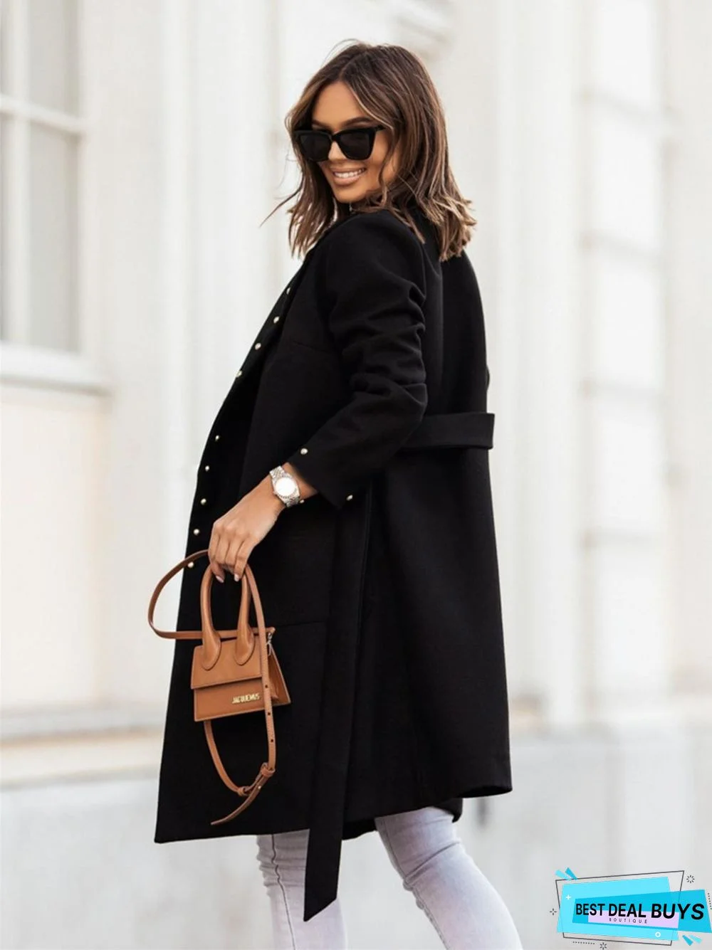 Simple Double Row Button Rivet Long Sleeve Lapel Button Woolen Coat