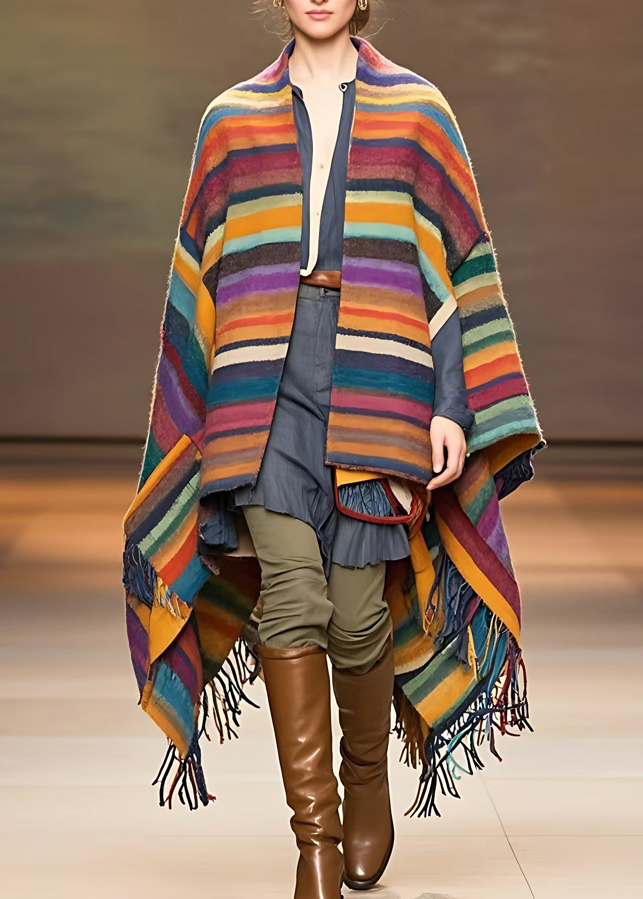 VCSHOES Rainbow V Neck Tassel Low High Design Woolen Coats Fall