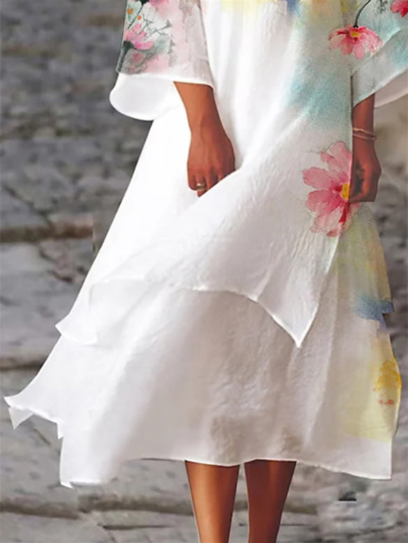 Women Half Sleeve V-neck Solid Color Dress