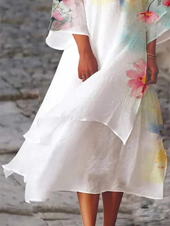 Women Half Sleeve V-neck Solid Color Dress