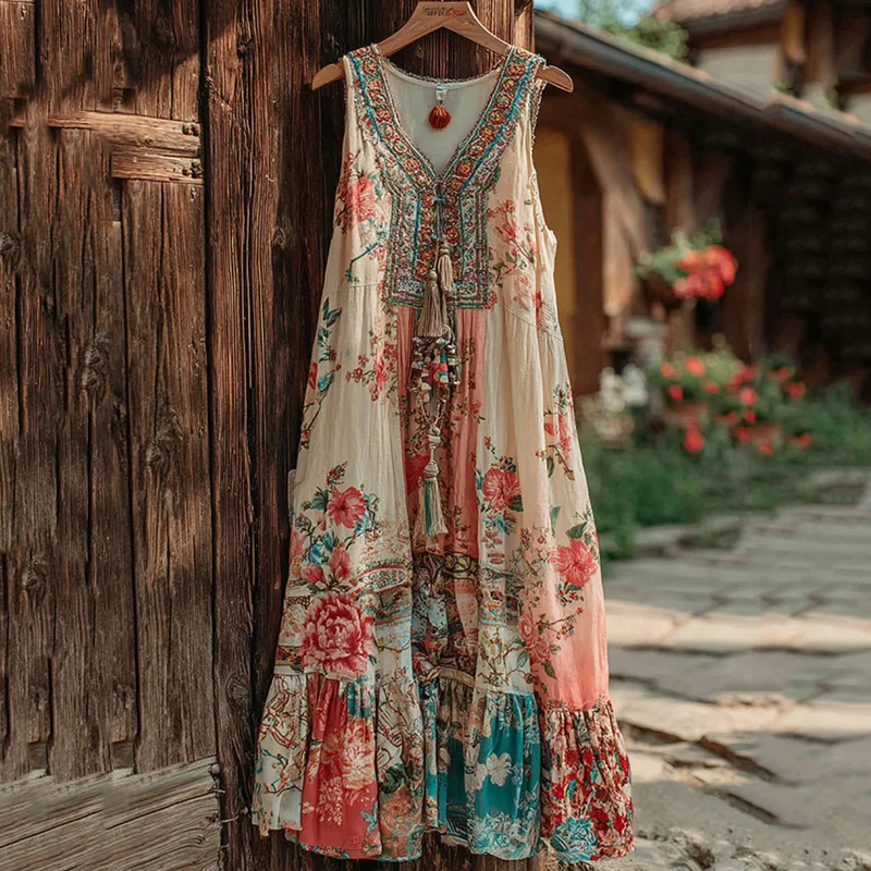 Women's Boho Floral Patchwork Art V Neck Comfy Midi Dress