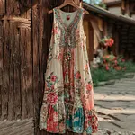 Women's Boho Floral Patchwork Art V Neck Comfy Midi Dress - Image 2