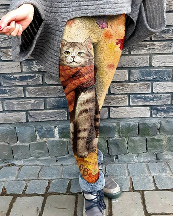 Autumn Leaves Cat Stretch Casual Leggings