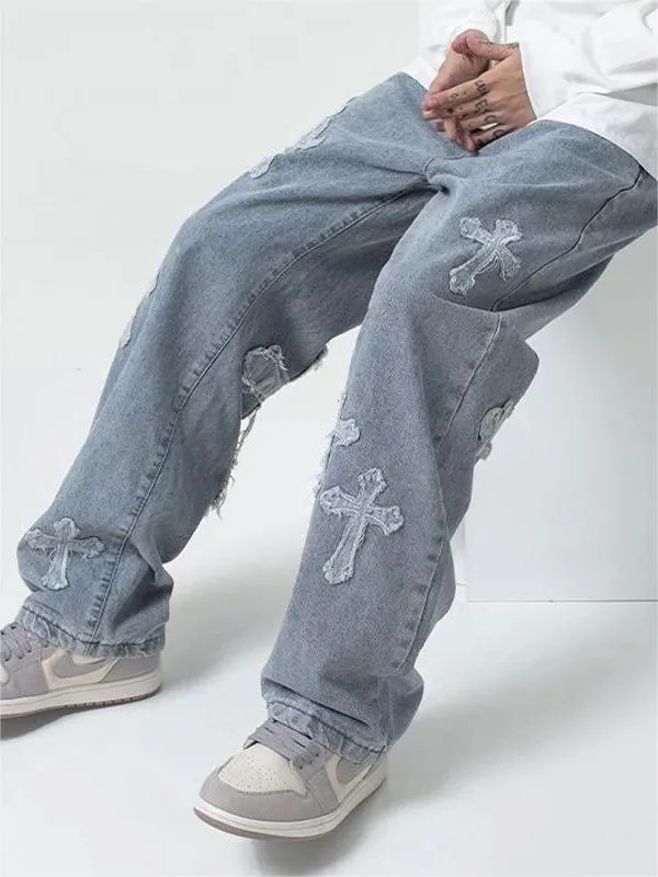 Brownm men's vintage jeans with cross patch