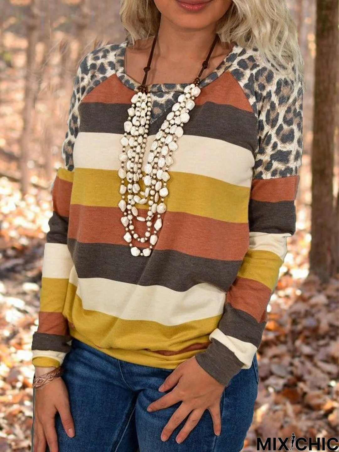 Multicolor Leopard Crew Neck Casual Tunic T-Shirt