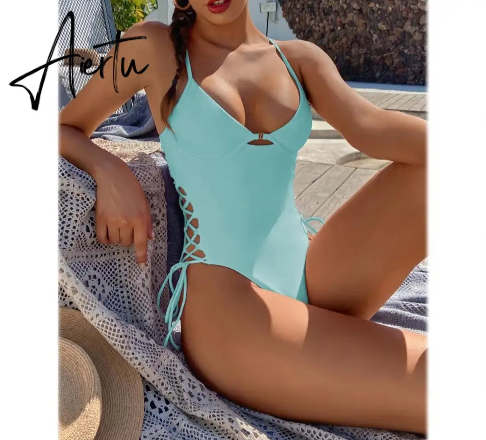Aiertu Solid Women Push Up Swimwear One Piece Swimsuit Female Sexy Bandage Onesie Beachwear American Style Lace-up Bathing Suits Aiertu