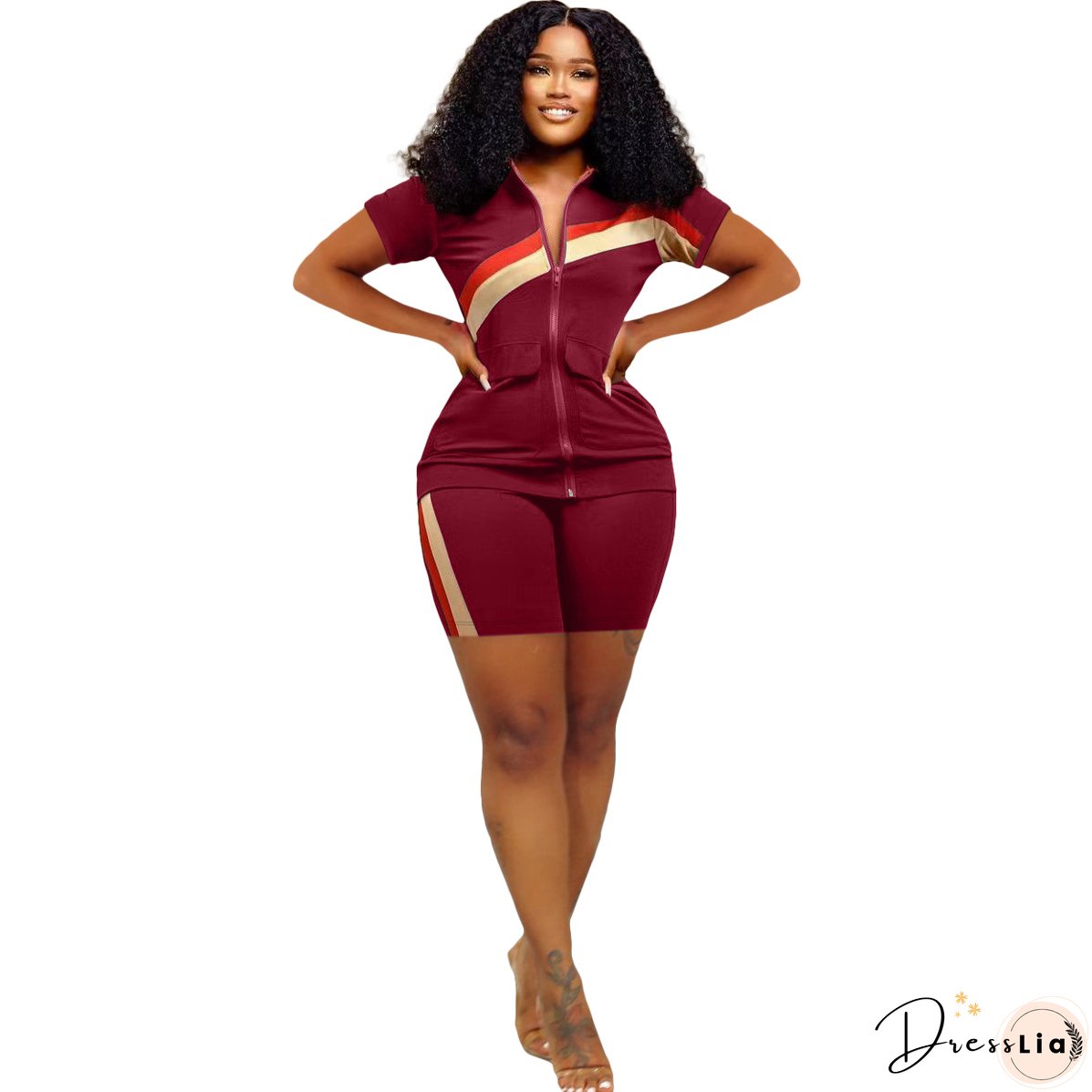 Women's Sports Casual Fashion Zip Pocket Top Shorts Two-Piece Set