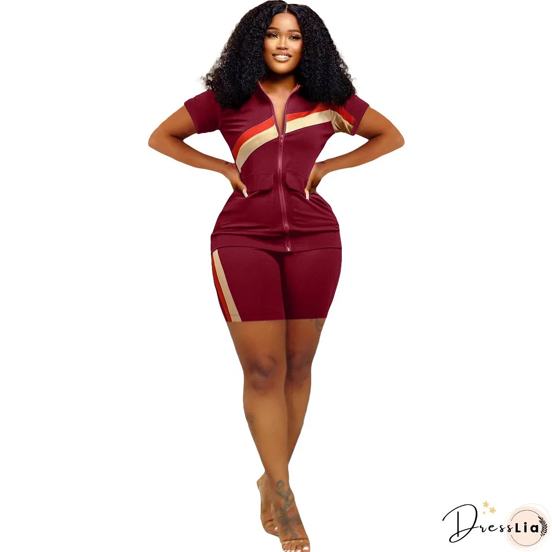 Women's Sports Casual Fashion Zip Pocket Top Shorts Two-Piece Set