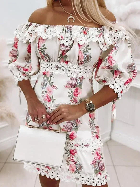 Women's Dresses Printed Off-Shoulder Lace Short Sleeve Dress