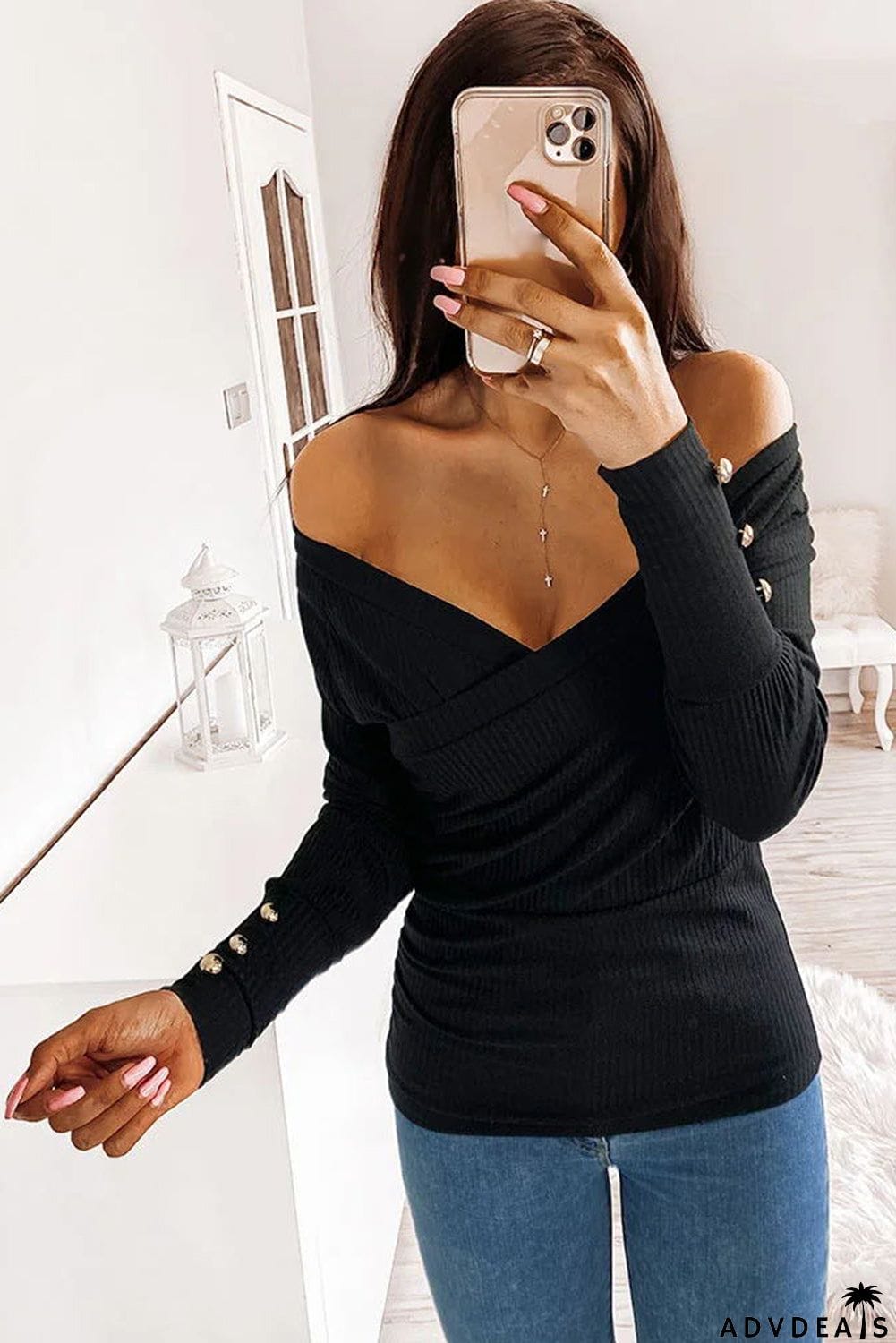 V Neck Ribbed Textured Pleated Top with Buttoned Long Sleeves