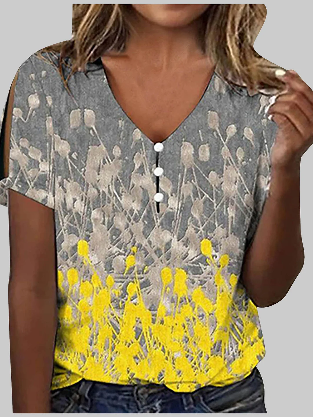 Women's Sequins Graphic Printed V-neck Short Sleeve Top