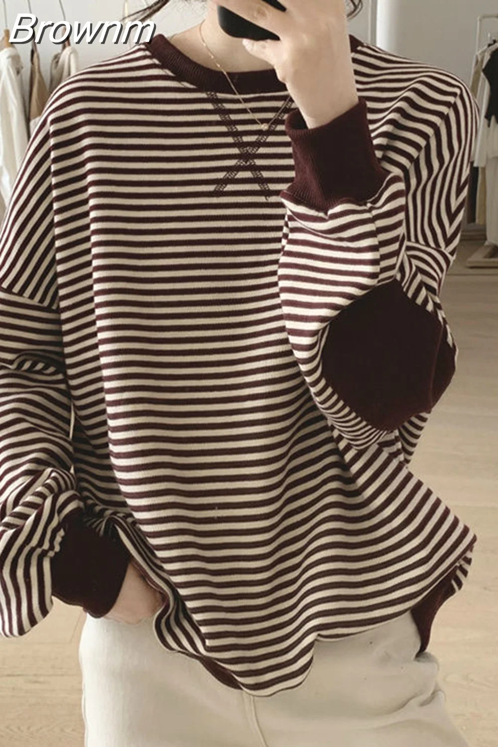 Brownm O-Neck Spliced Striped Korean T-Shirt Women Clothing 2023 Autumn New Oversized Casual Pullovers Loose Commute Tee Shirt