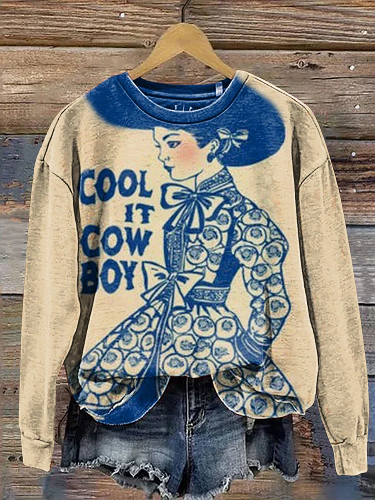 Vintage Cool Is Cowboy Art Print Casual Cotton Sweatshirt